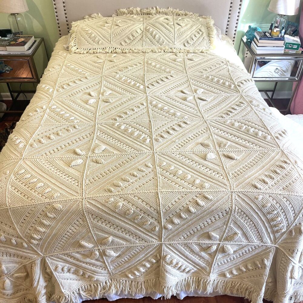 Vintage 1970s Hand Knit Queen Bedspread Blanket Set Ivory Boho Cottage Grandma